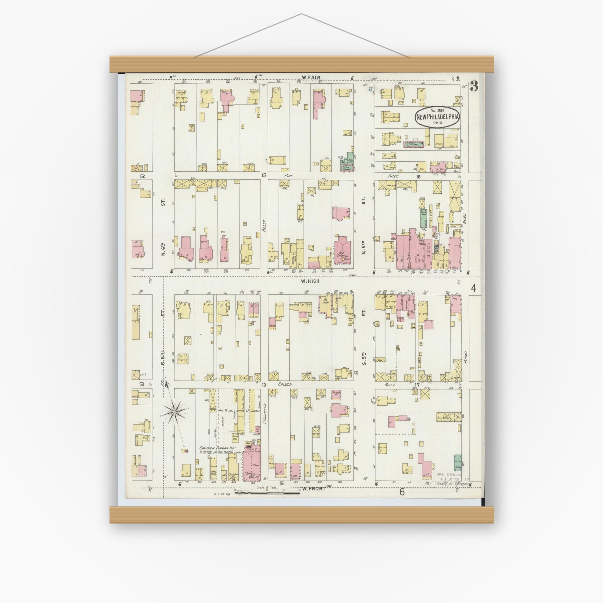 Old map wall art mockup — magnetic wood frame on white wall — Sanborn Fire Insurance Map from New Philadelphia, Tuscarawas County, Ohio (1896), Sheet #0003