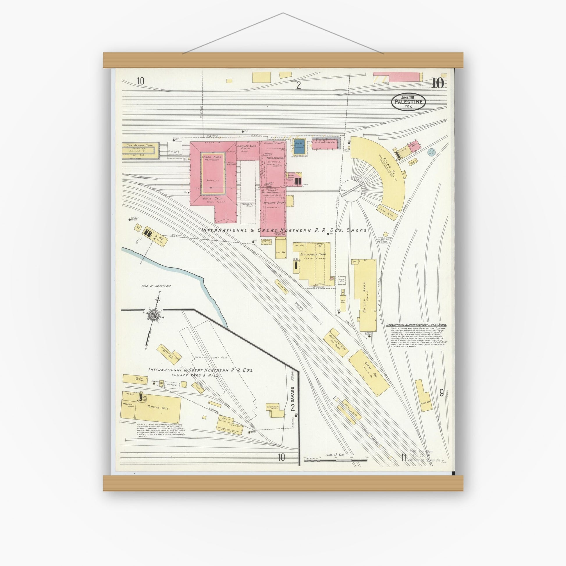 Old map wall art mockup — magnetic wood frame on white wall — Sanborn Fire Insurance Map from Palestine, Anderson County, Texas (1911), Sheet #0010
