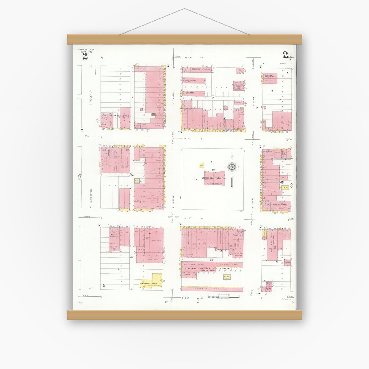 Old map wall art mockup — magnetic wood frame on white wall — Sanborn Fire Insurance Map from Lamesa, Dawson County, Texas (1932), Sheet #0002