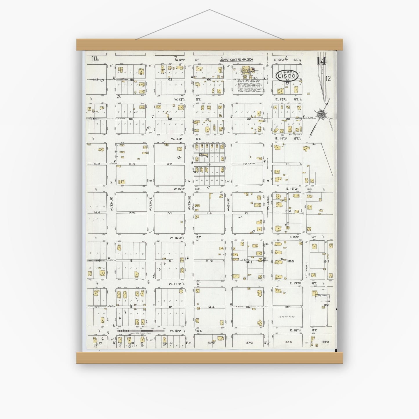 Old map wall art mockup — magnetic wood frame on white wall — Sanborn Fire Insurance Map from Cisco, Eastland County, Texas (1920), Sheet #0014