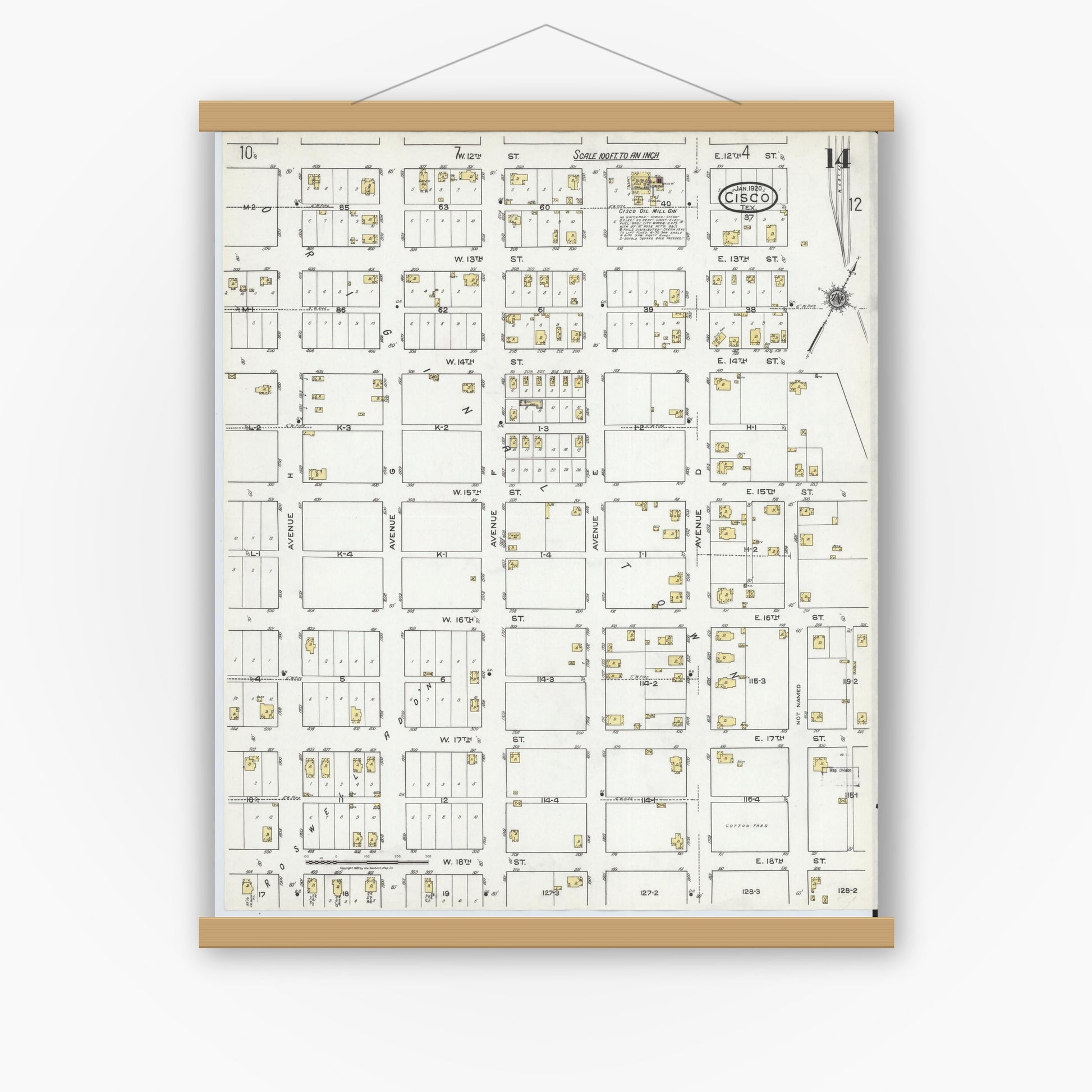 Old map wall art mockup — magnetic wood frame on white wall — Sanborn Fire Insurance Map from Cisco, Eastland County, Texas (1920), Sheet #0014