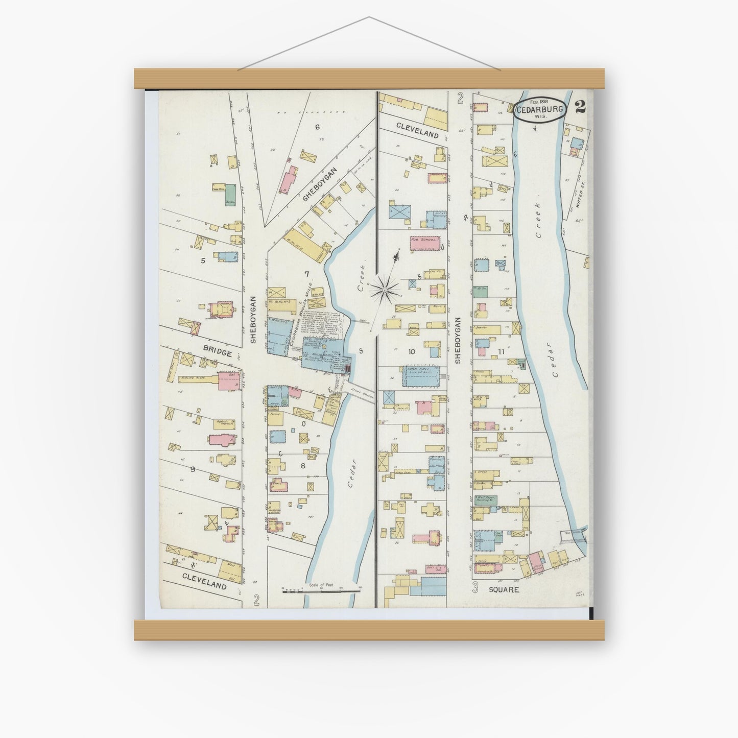 Old map wall art mockup — magnetic wood frame on white wall — Sanborn Fire Insurance Map from Cedarburg, Ozaukee County, Wisconsin (1893), Sheet #0002