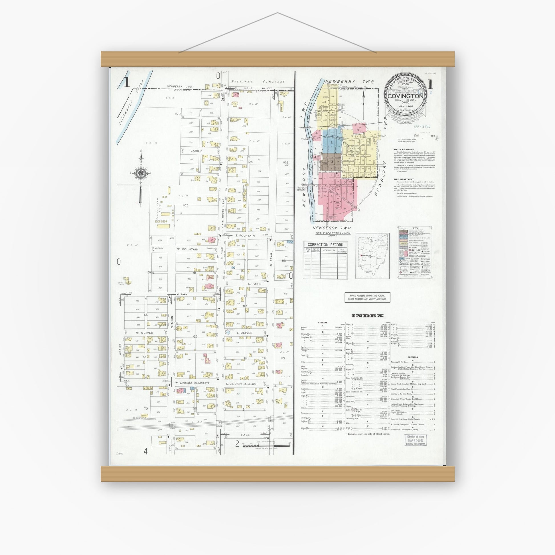 Old map wall art mockup — magnetic wood frame on white wall — Sanborn Fire Insurance Map from Covington, Miami County, Ohio (1946) - Complete Map Set