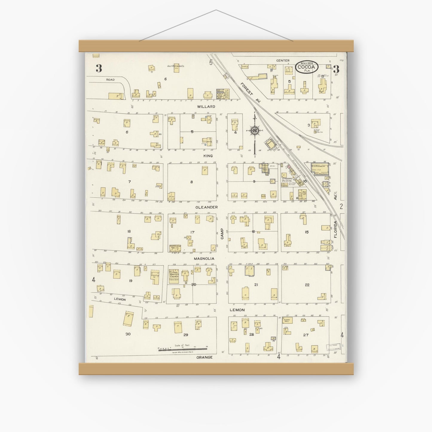 Old map wall art mockup — magnetic wood frame on white wall — Sanborn Fire Insurance Map from Cocoa, Brevard County, Florida (1924), Sheet #0003