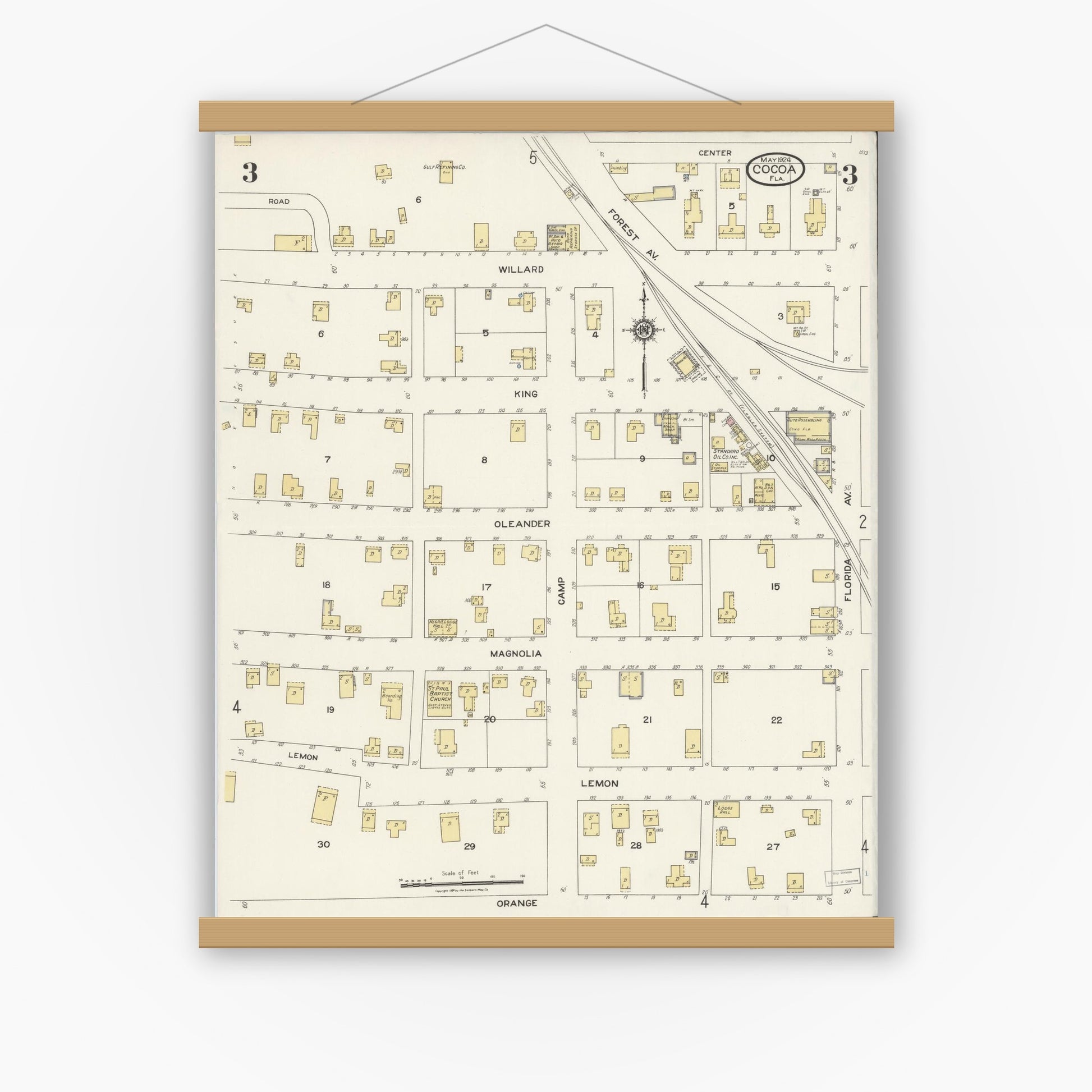 Old map wall art mockup — magnetic wood frame on white wall — Sanborn Fire Insurance Map from Cocoa, Brevard County, Florida (1924), Sheet #0003