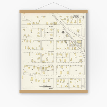 Old map wall art mockup — magnetic wood frame on white wall — Sanborn Fire Insurance Map from Cocoa, Brevard County, Florida (1924), Sheet #0003