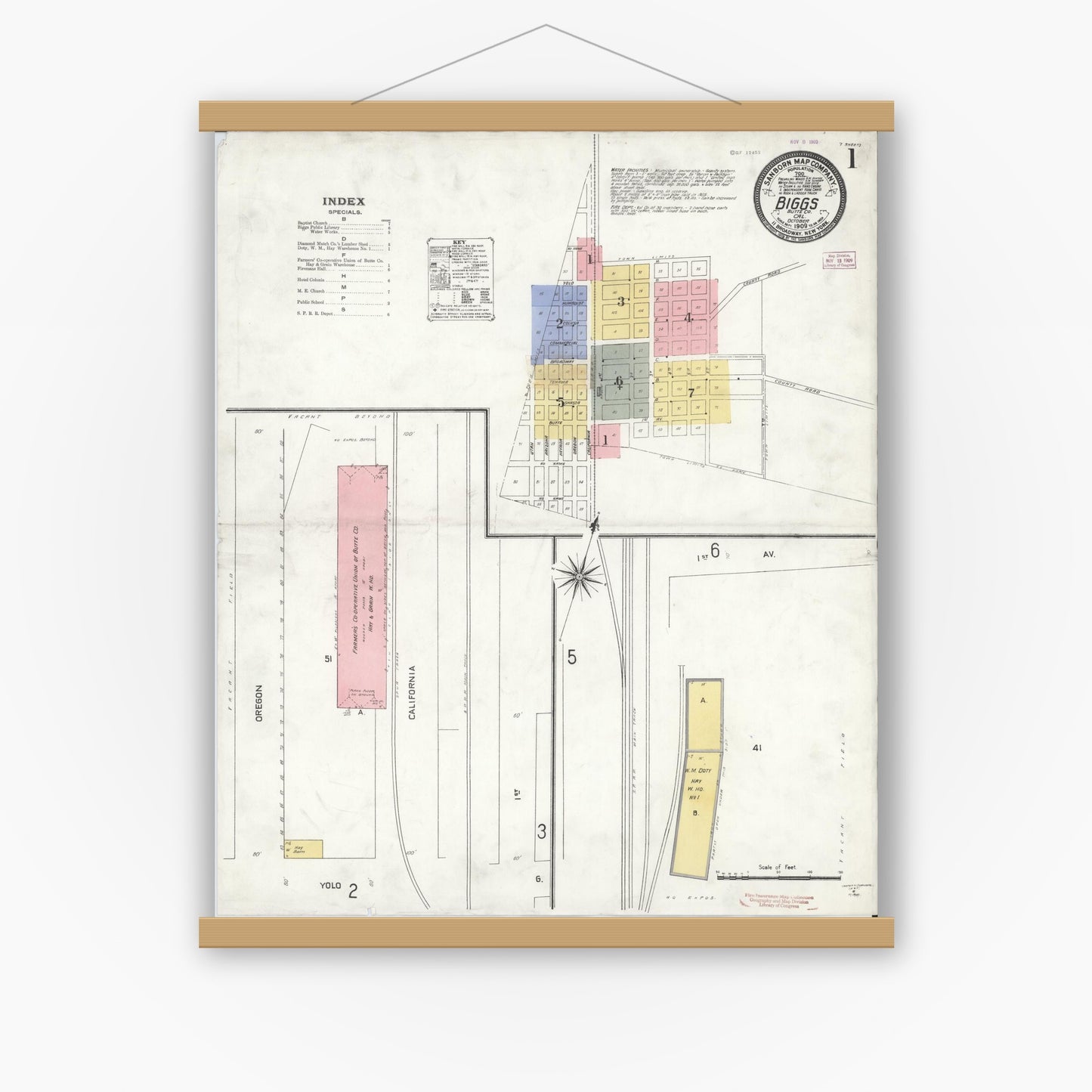 Old map wall art mockup — magnetic wood frame on white wall — Sanborn Fire Insurance Map from Biggs, Butte County, California (1909), Sheet #0001