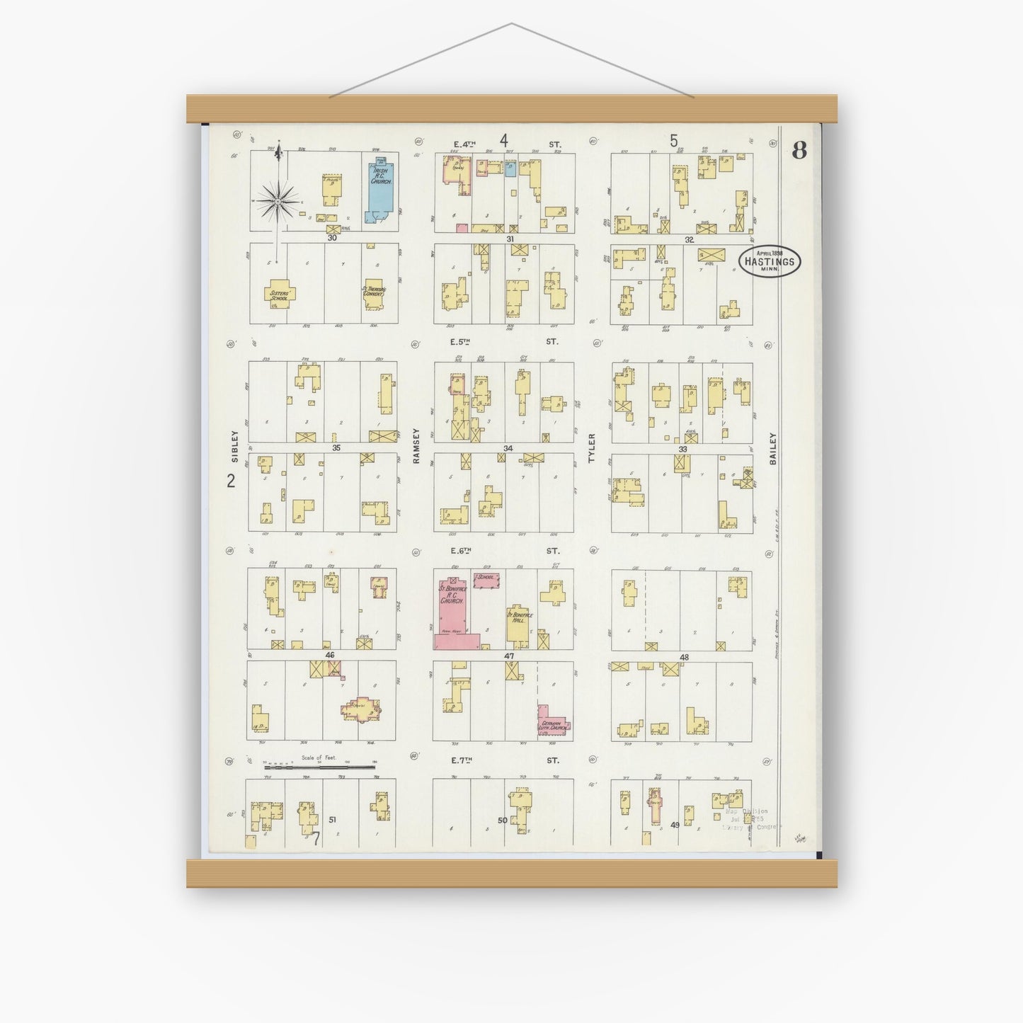 Old map wall art mockup — magnetic wood frame on white wall — Sanborn Fire Insurance Map from Hastings, Dakota County, Minnesota (1898), Sheet #0008