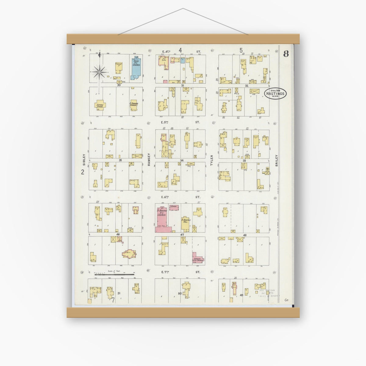 Old map wall art mockup — magnetic wood frame on white wall — Sanborn Fire Insurance Map from Hastings, Dakota County, Minnesota (1898), Sheet #0008