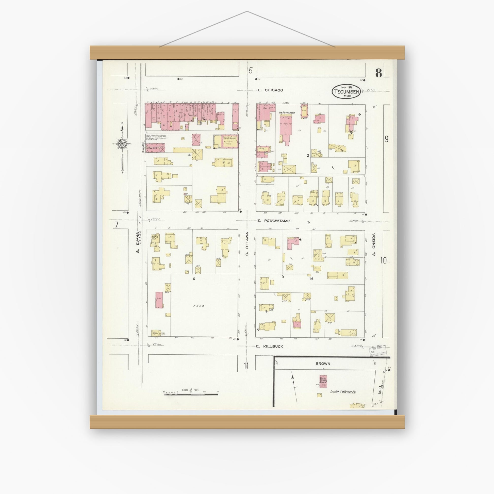 Old map wall art mockup — magnetic wood frame on white wall — Sanborn Fire Insurance Map from Tecumseh, Lenawee County, Michigan (1912), Sheet #0008
