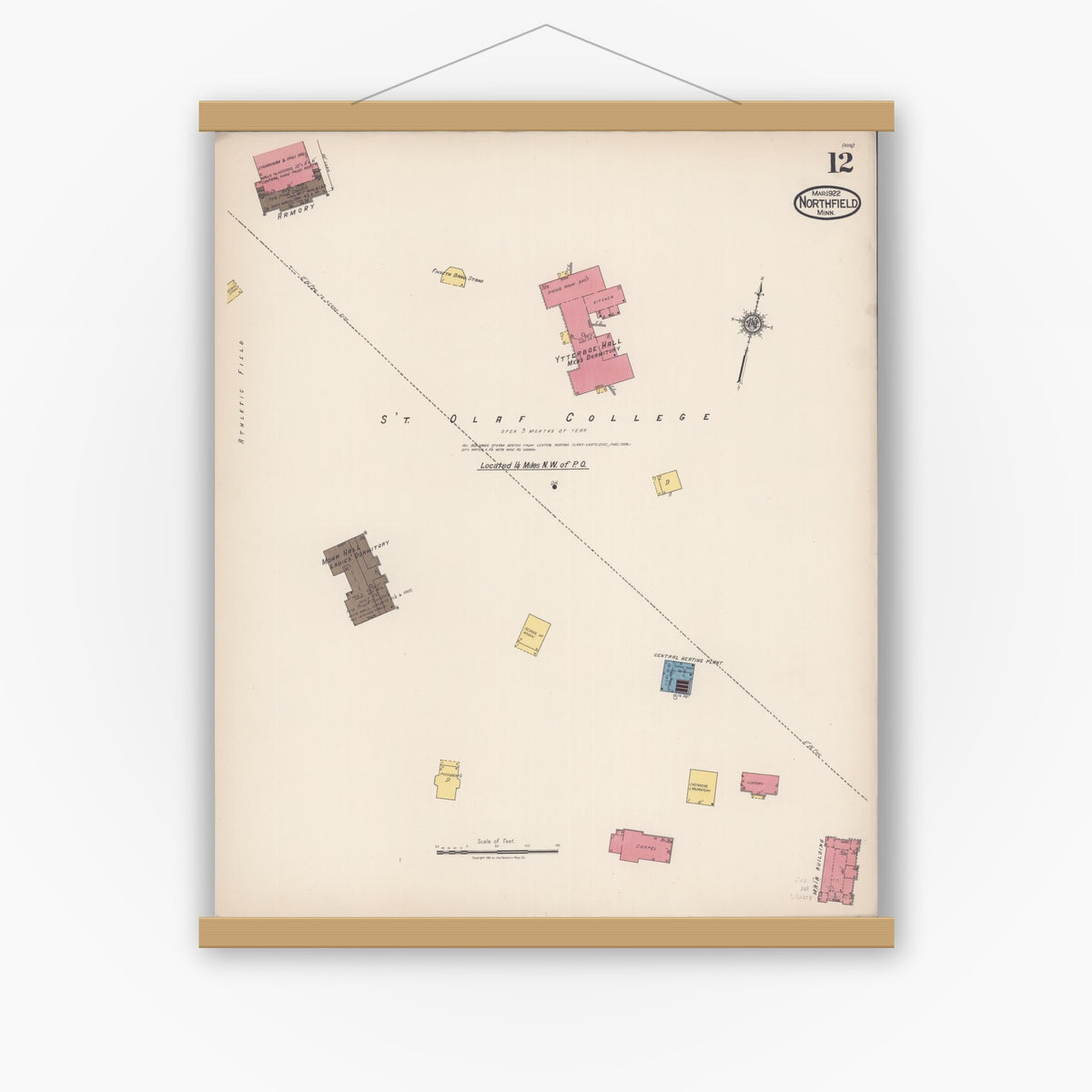 Old map wall art mockup — magnetic wood frame on white wall — Sanborn Fire Insurance Map from Northfield, Rice County, Minnesota (1922), Sheet #0012