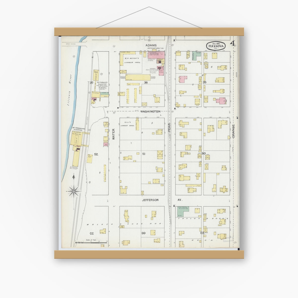 Old map wall art mockup — magnetic wood frame on white wall — Sanborn Fire Insurance Map from Havana, Mason County, Illinois (1892), Sheet #0004