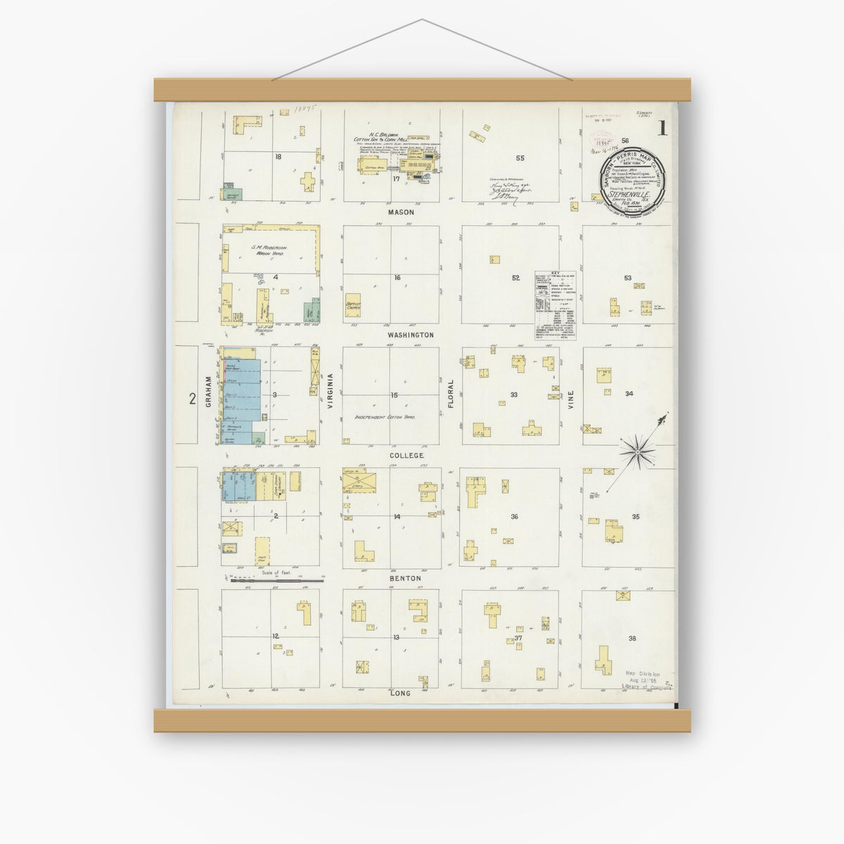 Old map wall art mockup — magnetic wood frame on white wall — Sanborn Fire Insurance Map from Stephenville, Erath County, Texas (1896), Sheet #0001