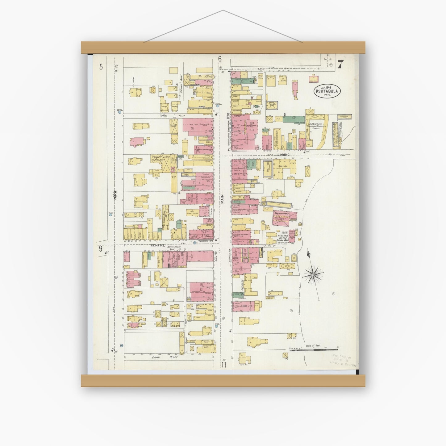 Old map wall art mockup — magnetic wood frame on white wall — Sanborn Fire Insurance Map from Ashtabula, Ashtabula County, Ohio (1903), Sheet #0007