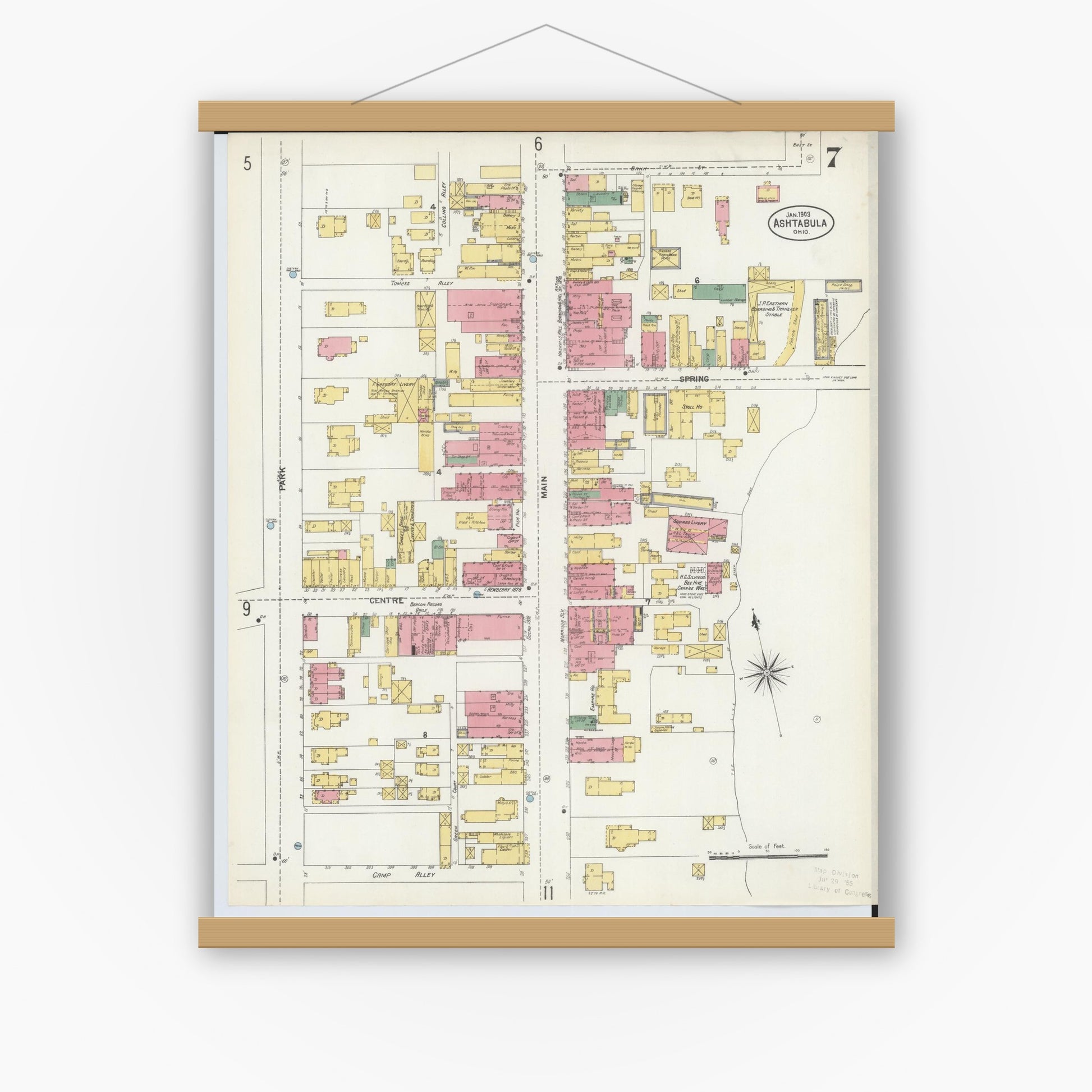 Old map wall art mockup — magnetic wood frame on white wall — Sanborn Fire Insurance Map from Ashtabula, Ashtabula County, Ohio (1903), Sheet #0007