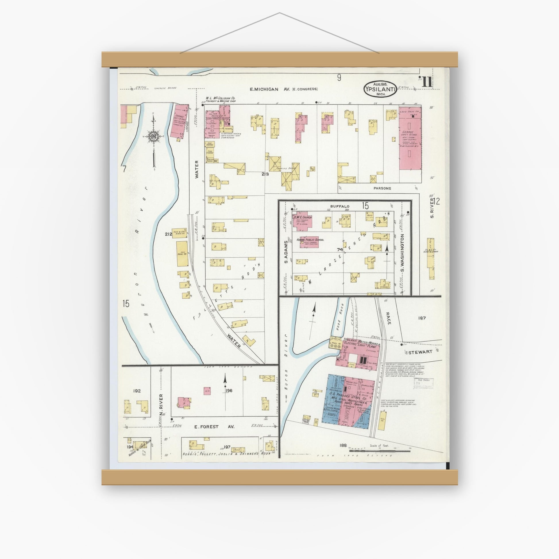 Old map wall art mockup — magnetic wood frame on white wall — Sanborn Fire Insurance Map from Ypsilanti, Washtenaw County, Michigan (1916), Sheet #0011