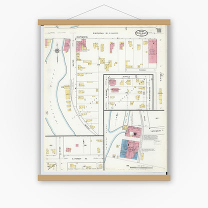 Old map wall art mockup — magnetic wood frame on white wall — Sanborn Fire Insurance Map from Ypsilanti, Washtenaw County, Michigan (1916), Sheet #0011