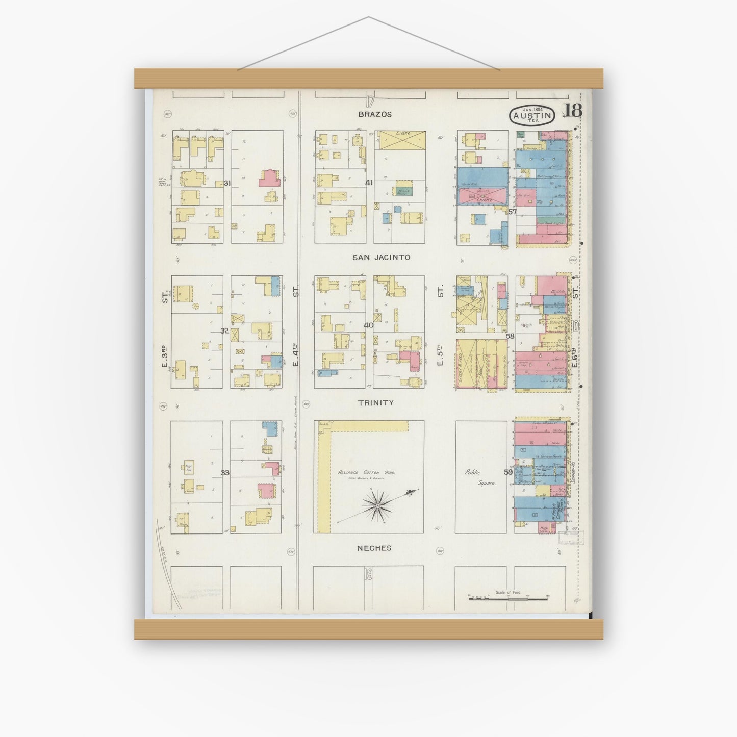 Old map wall art mockup — magnetic wood frame on white wall — Sanborn Fire Insurance Map from Austin, Travis County, Texas (1894), Sheet #0018