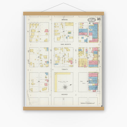 Old map wall art mockup — magnetic wood frame on white wall — Sanborn Fire Insurance Map from Austin, Travis County, Texas (1894), Sheet #0018