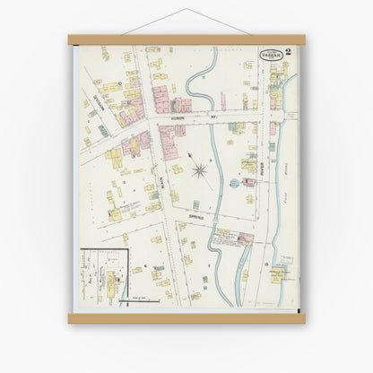 Old map wall art mockup — magnetic wood frame on white wall — Sanborn Fire Insurance Map from Vassar, Tuscola County, Michigan (1889), Sheet #0002