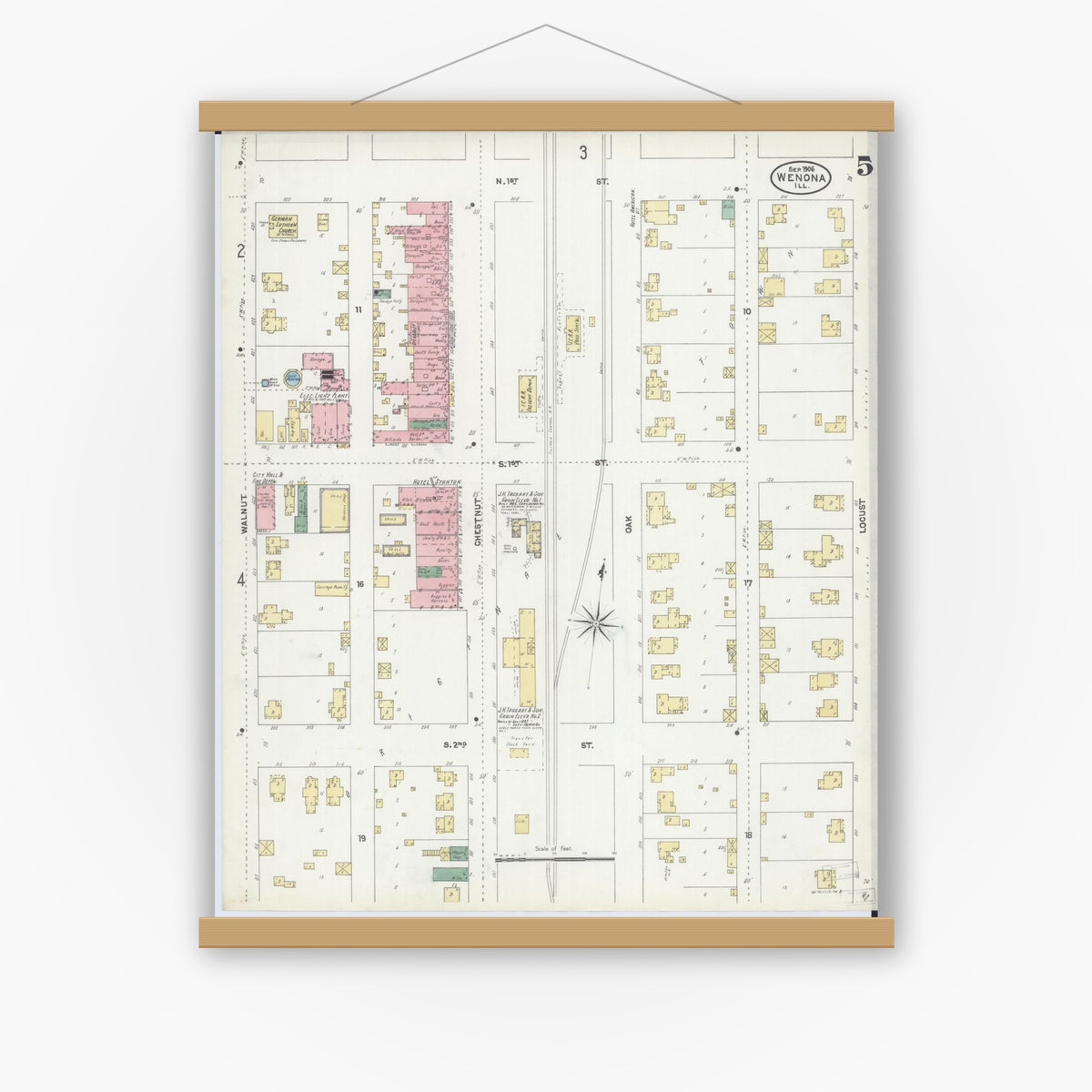 Old map wall art mockup — magnetic wood frame on white wall — Sanborn Fire Insurance Map from Wenona, Marshall County, Illinois (1906), Sheet #0005