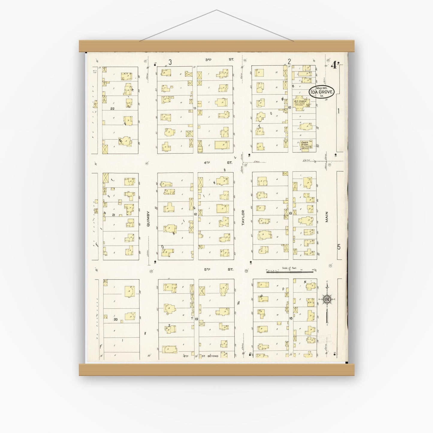 Old map wall art mockup — magnetic wood frame on white wall — Sanborn Fire Insurance Map from Ida Grove, Ida County, Iowa (1915), Sheet #0004