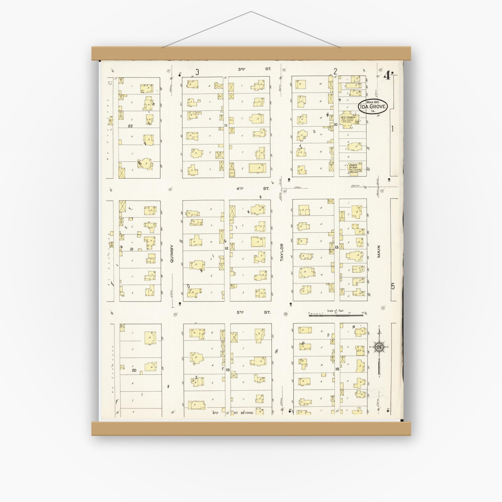 Old map wall art mockup — magnetic wood frame on white wall — Sanborn Fire Insurance Map from Ida Grove, Ida County, Iowa (1915), Sheet #0004