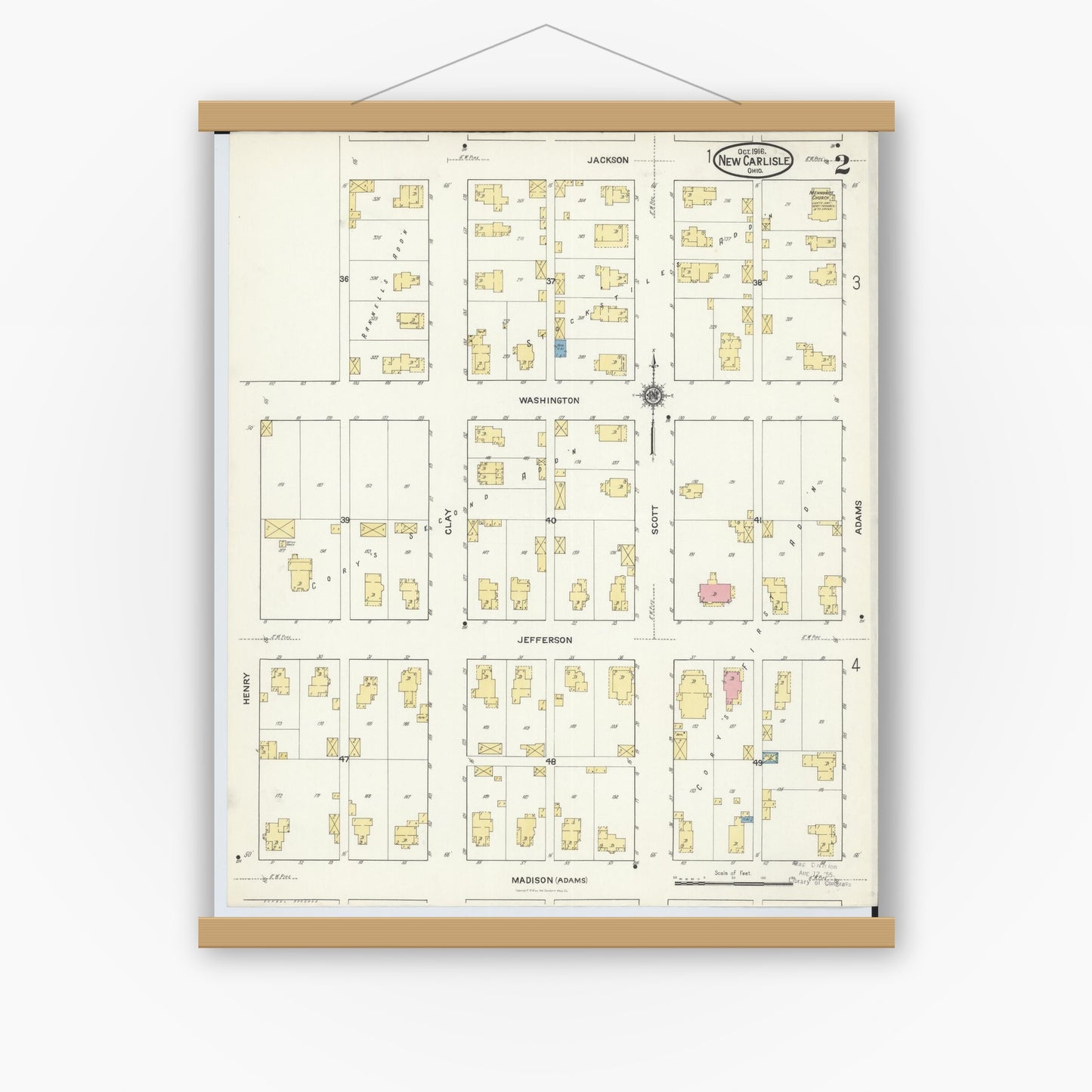 Old map wall art mockup — magnetic wood frame on white wall — Sanborn Fire Insurance Map from New Carlisle, Clarke County, Ohio (1916), Sheet #0002