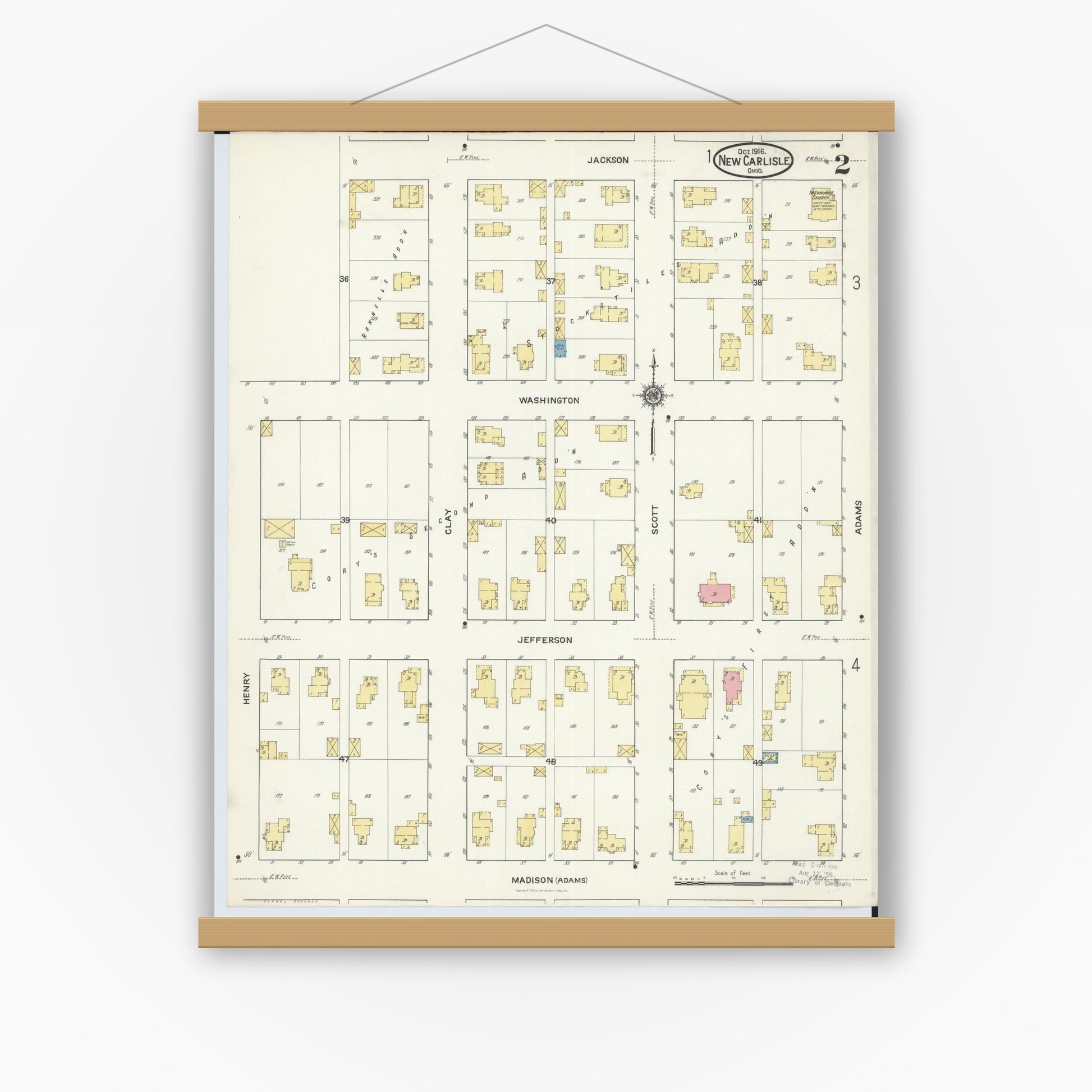 Old map wall art mockup — magnetic wood frame on white wall — Sanborn Fire Insurance Map from New Carlisle, Clarke County, Ohio (1916), Sheet #0002