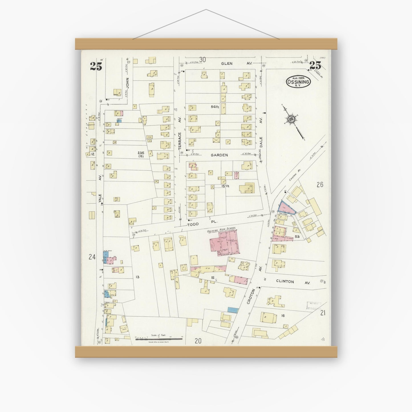 Old map wall art mockup — magnetic wood frame on white wall — Sanborn Fire Insurance Map from Ossining, Westchester County, New York (1924), Sheet #0025