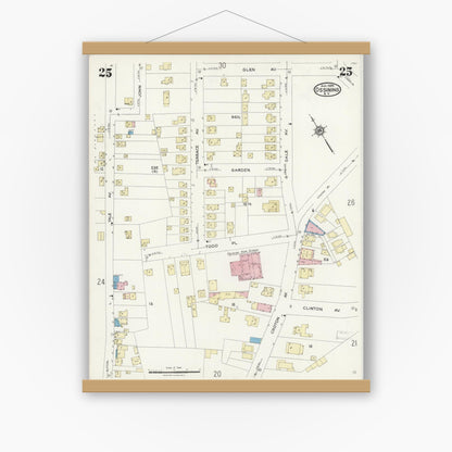 Old map wall art mockup — magnetic wood frame on white wall — Sanborn Fire Insurance Map from Ossining, Westchester County, New York (1924), Sheet #0025