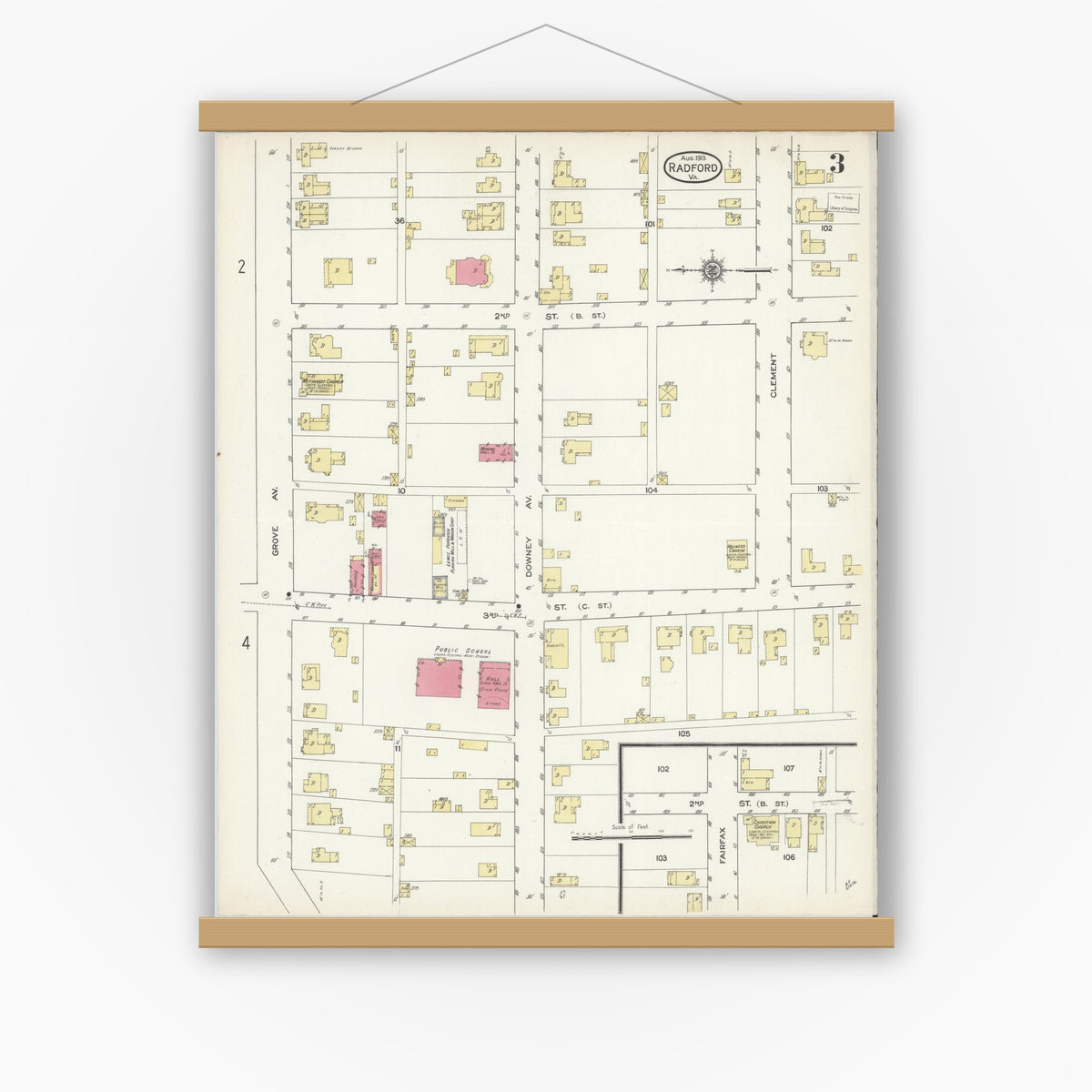 Old map wall art mockup — magnetic wood frame on white wall — Sanborn Fire Insurance Map from Radford, Independent Cities, Virginia (1913), Sheet #0003