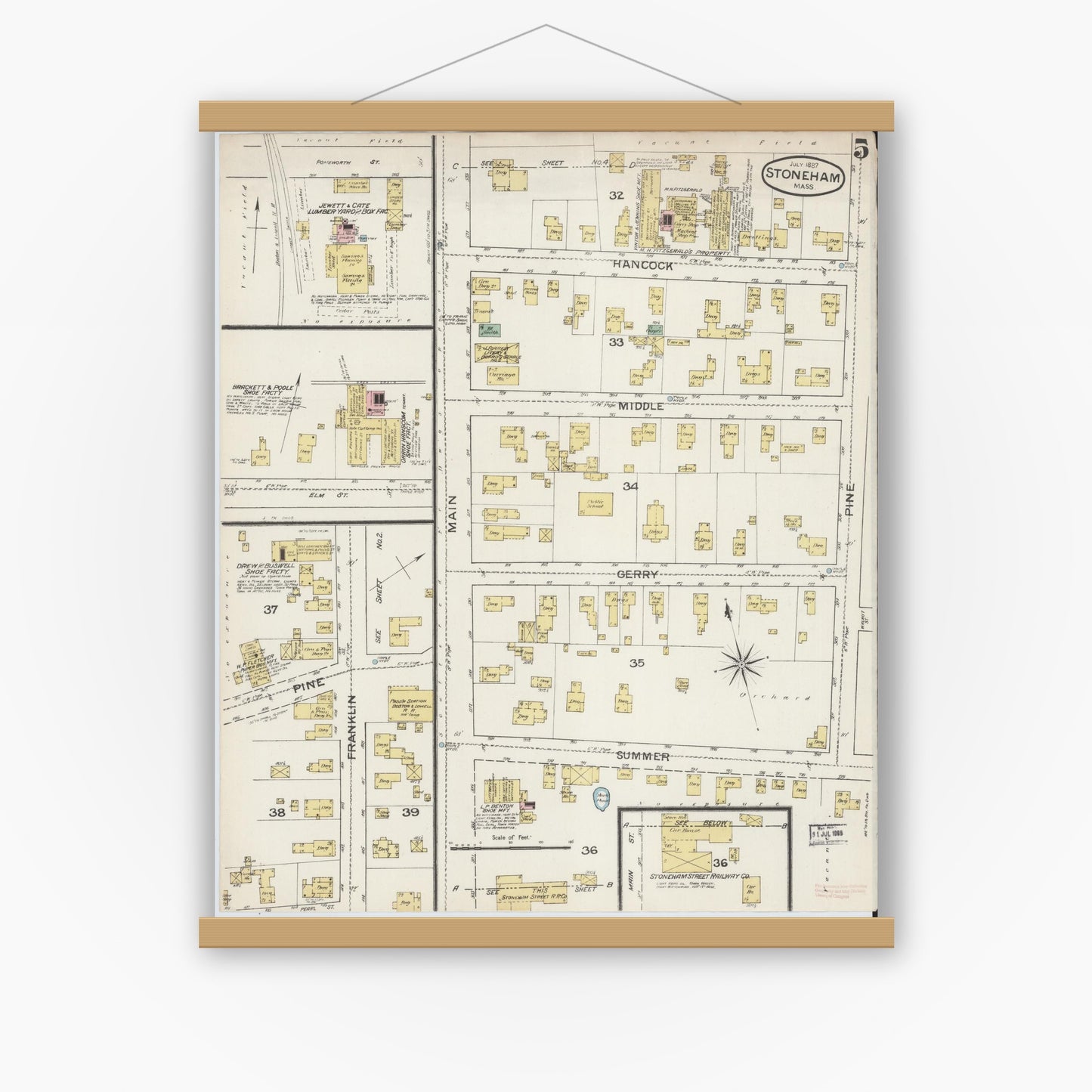 Old map wall art mockup — magnetic wood frame on white wall — Sanborn Fire Insurance Map from Stoneham, Middlesex County, Massachusetts (1887), Sheet #0005