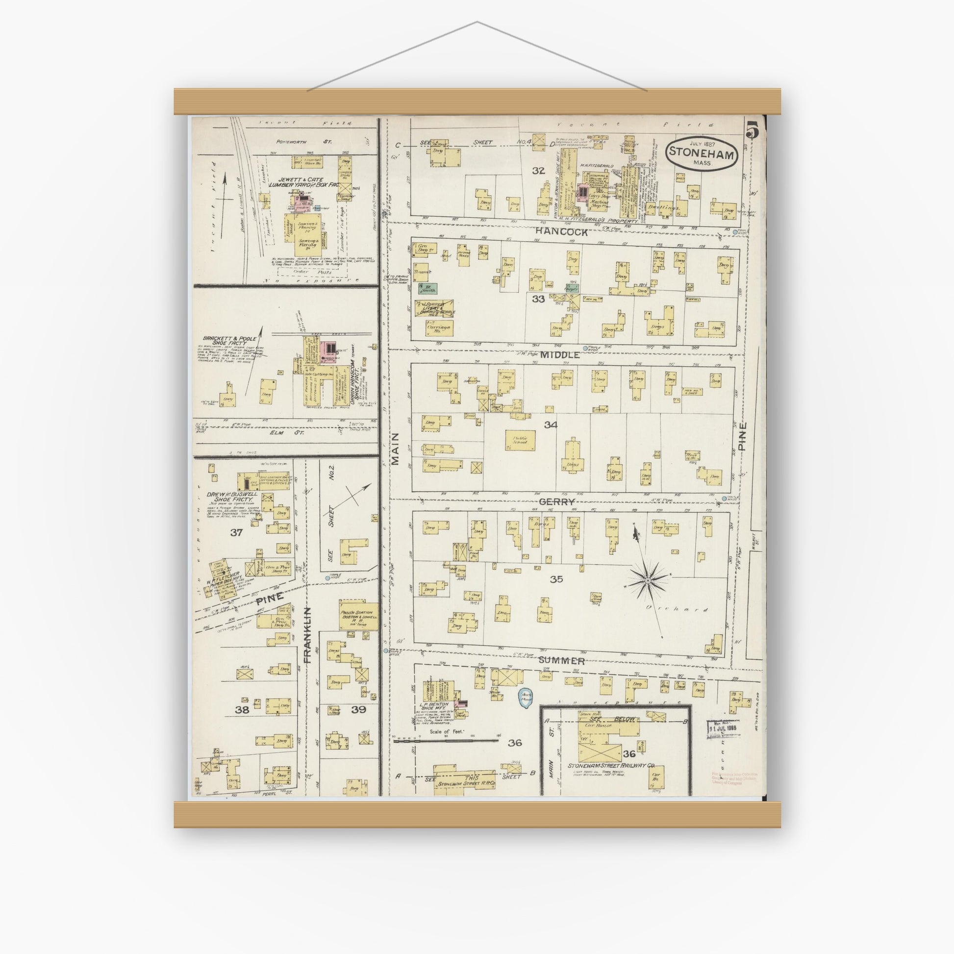Old map wall art mockup — magnetic wood frame on white wall — Sanborn Fire Insurance Map from Stoneham, Middlesex County, Massachusetts (1887), Sheet #0005