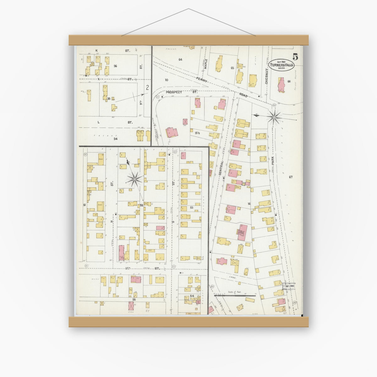 Old map wall art mockup — magnetic wood frame on white wall — Sanborn Fire Insurance Map from Turners Falls, Franklin County, Massachusetts (1902), Sheet #0005
