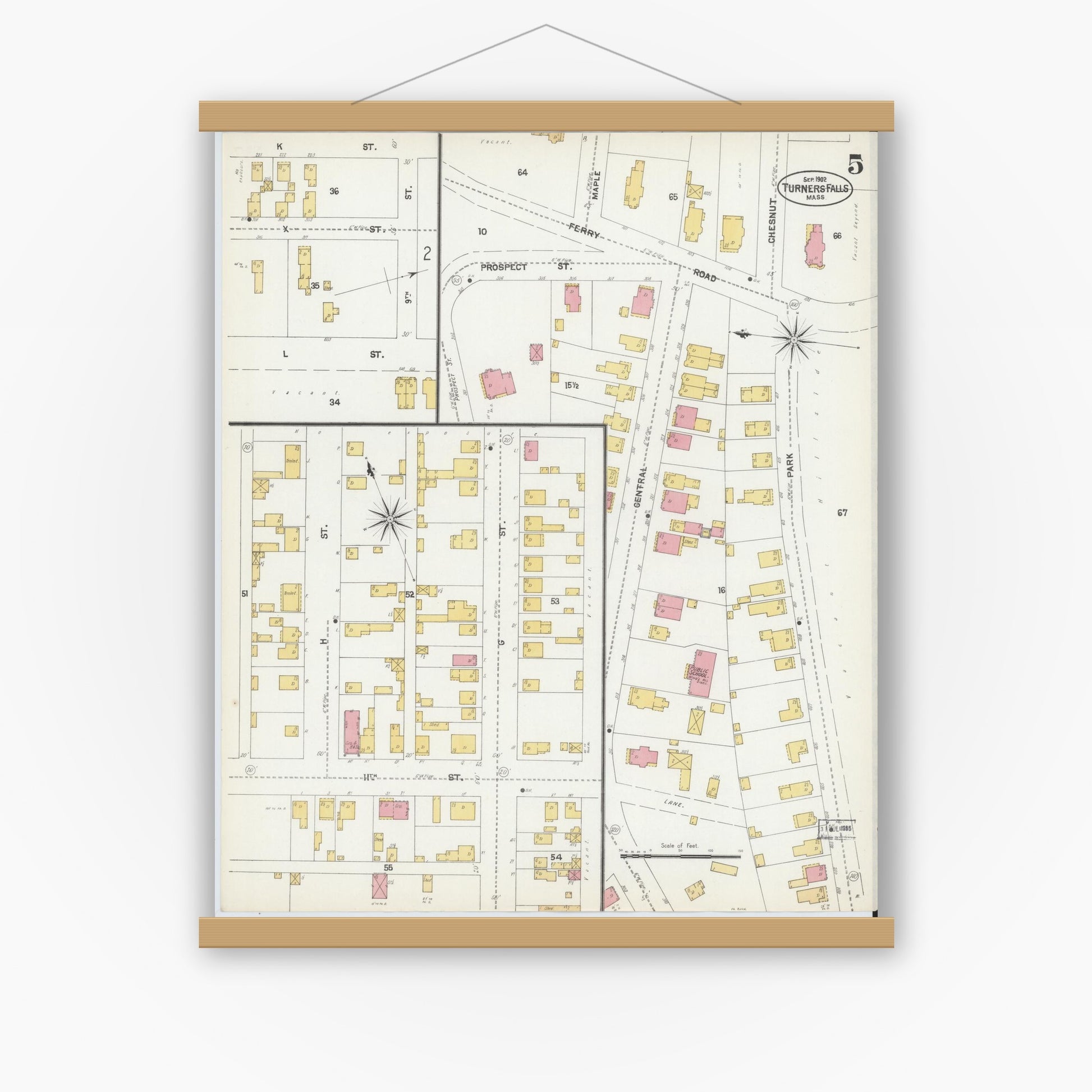Old map wall art mockup — magnetic wood frame on white wall — Sanborn Fire Insurance Map from Turners Falls, Franklin County, Massachusetts (1902), Sheet #0005