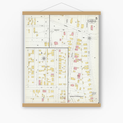 Old map wall art mockup — magnetic wood frame on white wall — Sanborn Fire Insurance Map from Turners Falls, Franklin County, Massachusetts (1902), Sheet #0005