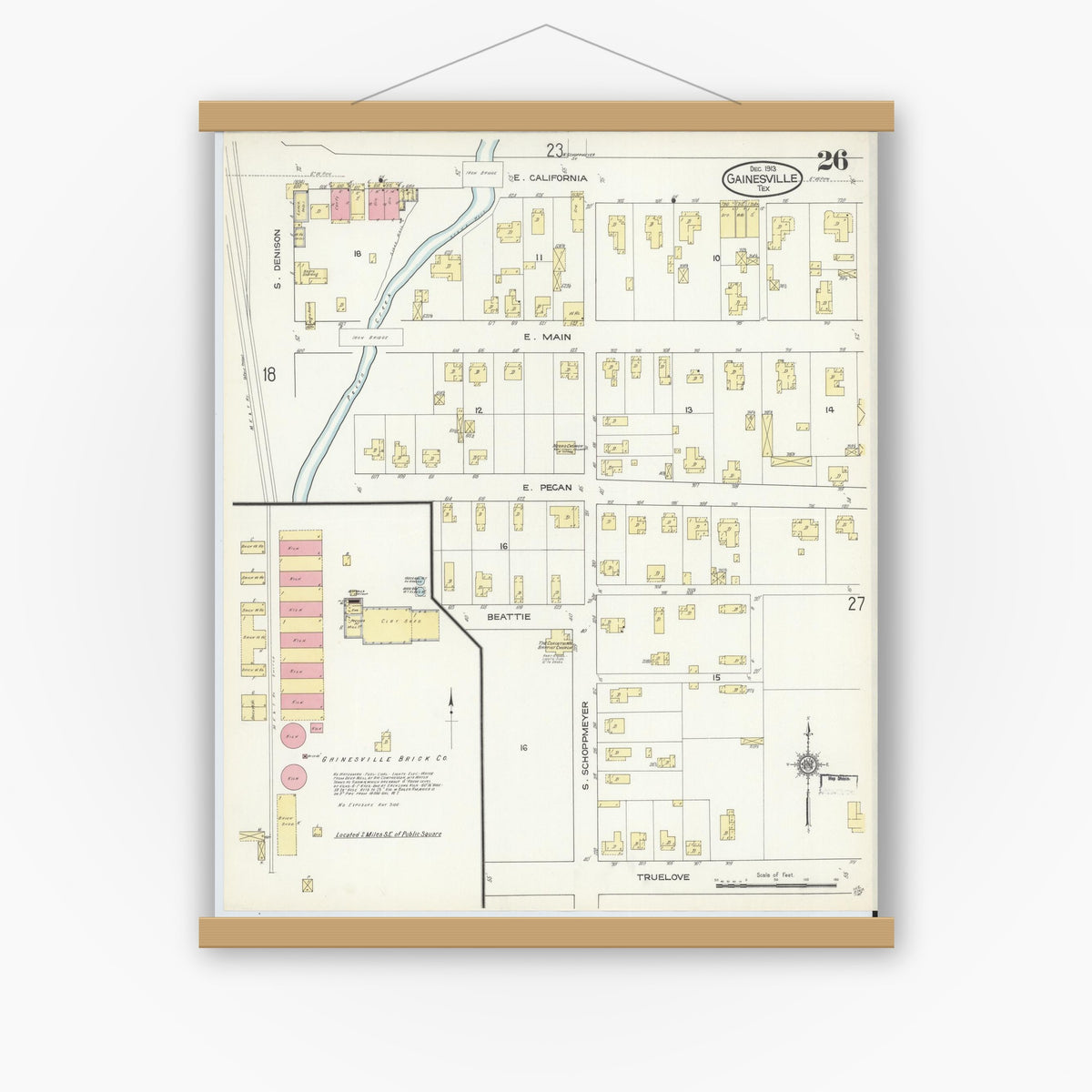 Old map wall art mockup — magnetic wood frame on white wall — Sanborn Fire Insurance Map from Gainesville, Cooke County, Texas (1913), Sheet #0026