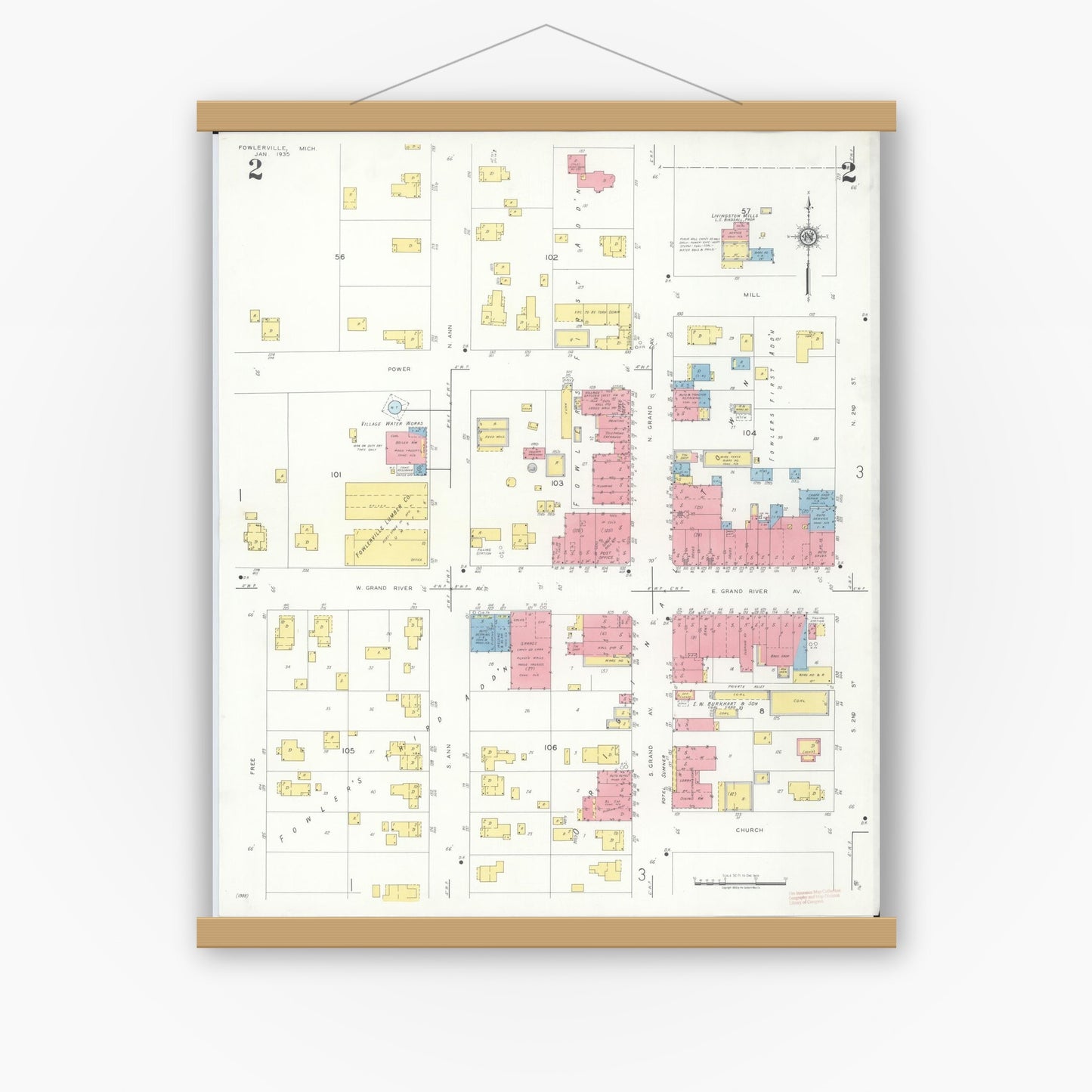 Old map wall art mockup — magnetic wood frame on white wall — Sanborn Fire Insurance Map from Fowlerville, Livingston County, Michigan (1935), Sheet #0002