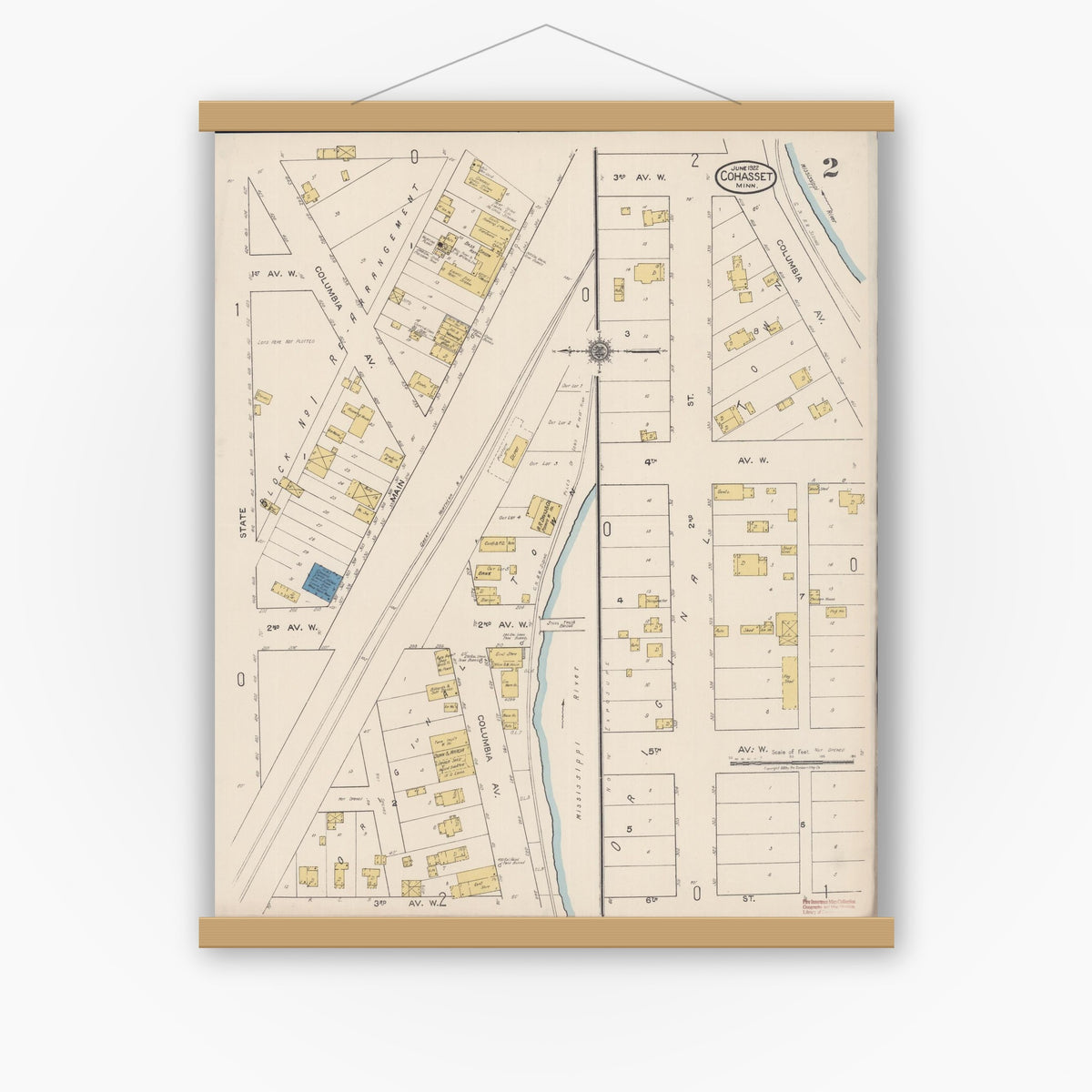 Old map wall art mockup — magnetic wood frame on white wall — Sanborn Fire Insurance Map from Cohasset, Itasca County, Minnesota (1922), Sheet #0002