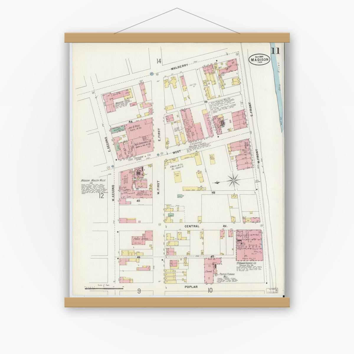 Old map wall art mockup — magnetic wood frame on white wall — Sanborn Fire Insurance Map from Madison, Jefferson County, Indiana (1897), Sheet #0011