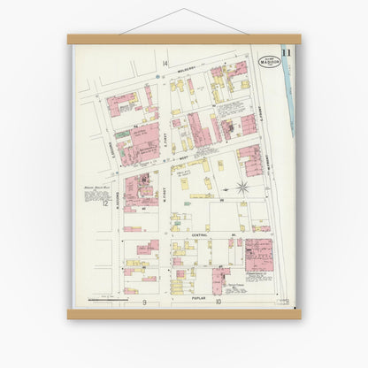 Old map wall art mockup — magnetic wood frame on white wall — Sanborn Fire Insurance Map from Madison, Jefferson County, Indiana (1897), Sheet #0011