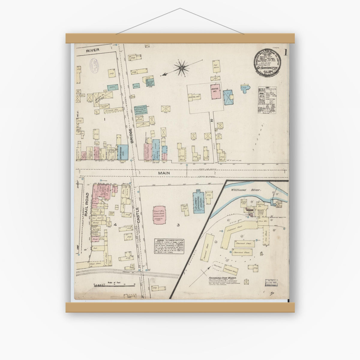 Old map wall art mockup — magnetic wood frame on white wall — Sanborn Fire Insurance Map from Great Barrington, Berkshire County, Massachusetts (1884) - Complete Map Set