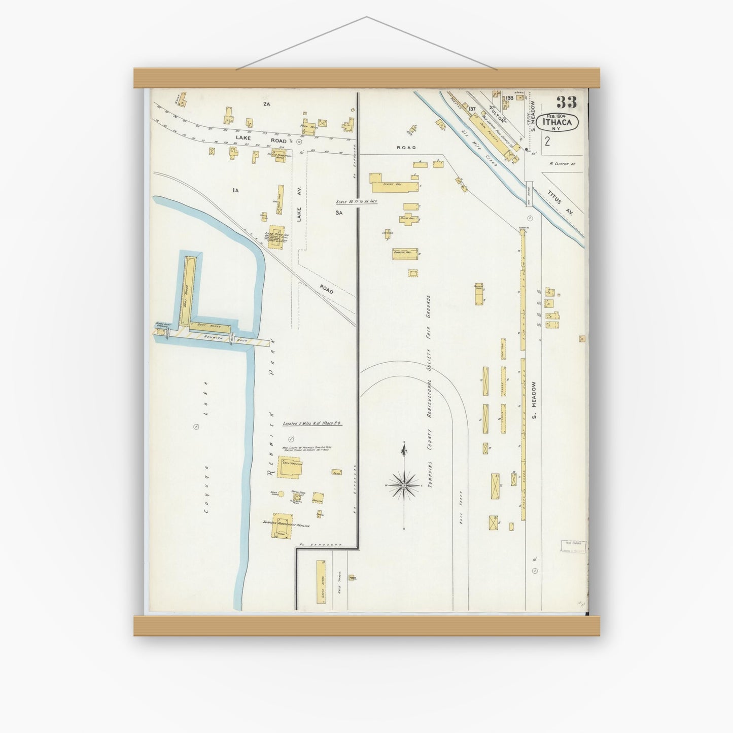 Old map wall art mockup — magnetic wood frame on white wall — Sanborn Fire Insurance Map from Ithaca, Tompkins County, New York (1904), Sheet #0033
