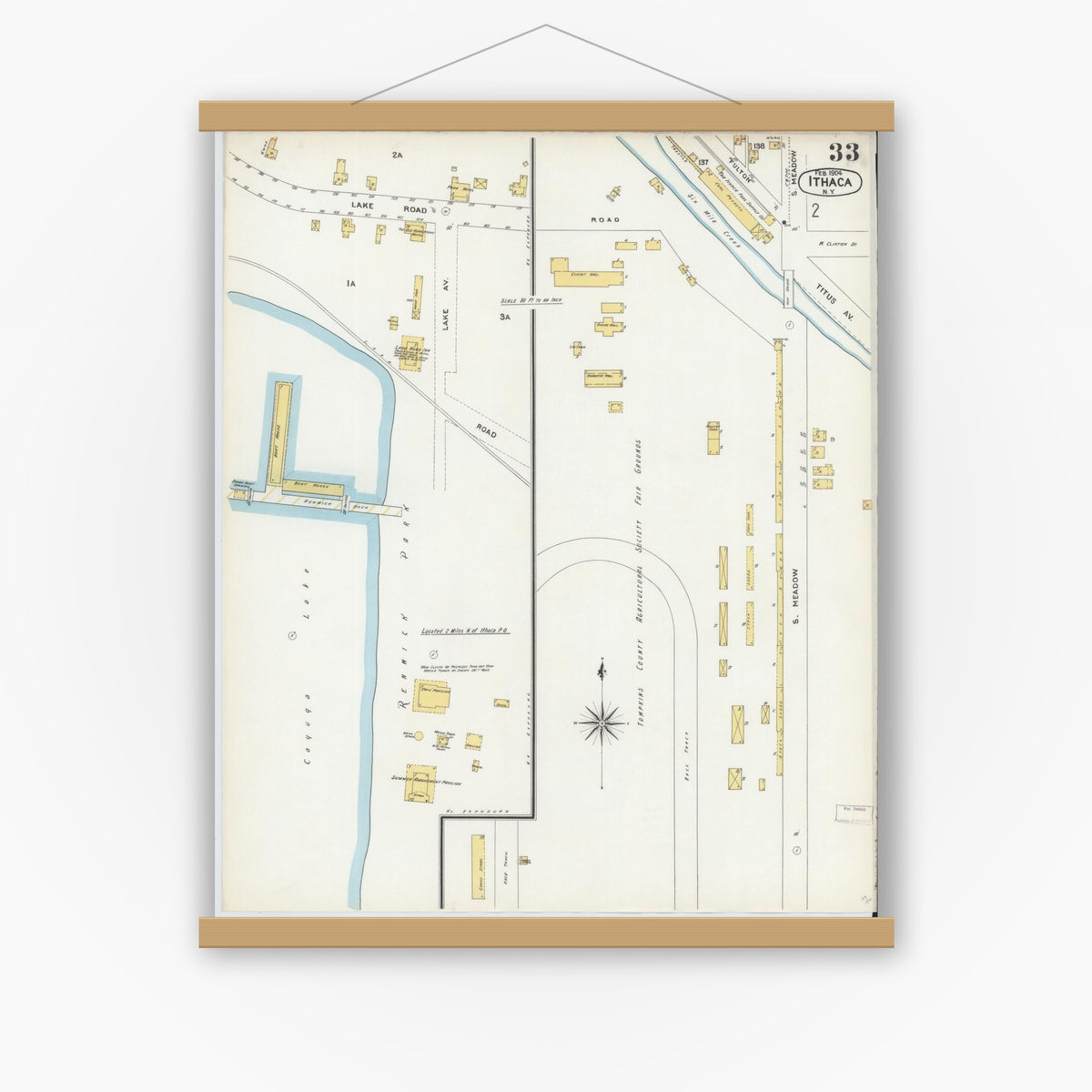 Old map wall art mockup — magnetic wood frame on white wall — Sanborn Fire Insurance Map from Ithaca, Tompkins County, New York (1904), Sheet #0033