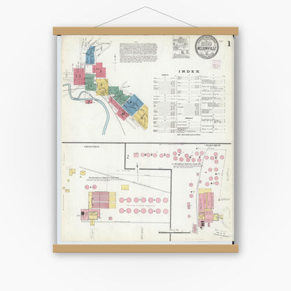 Old map wall art mockup — magnetic wood frame on white wall — Sanborn Fire Insurance Map from Nelsonville, Athens County, Ohio (1907), Sheet #0001