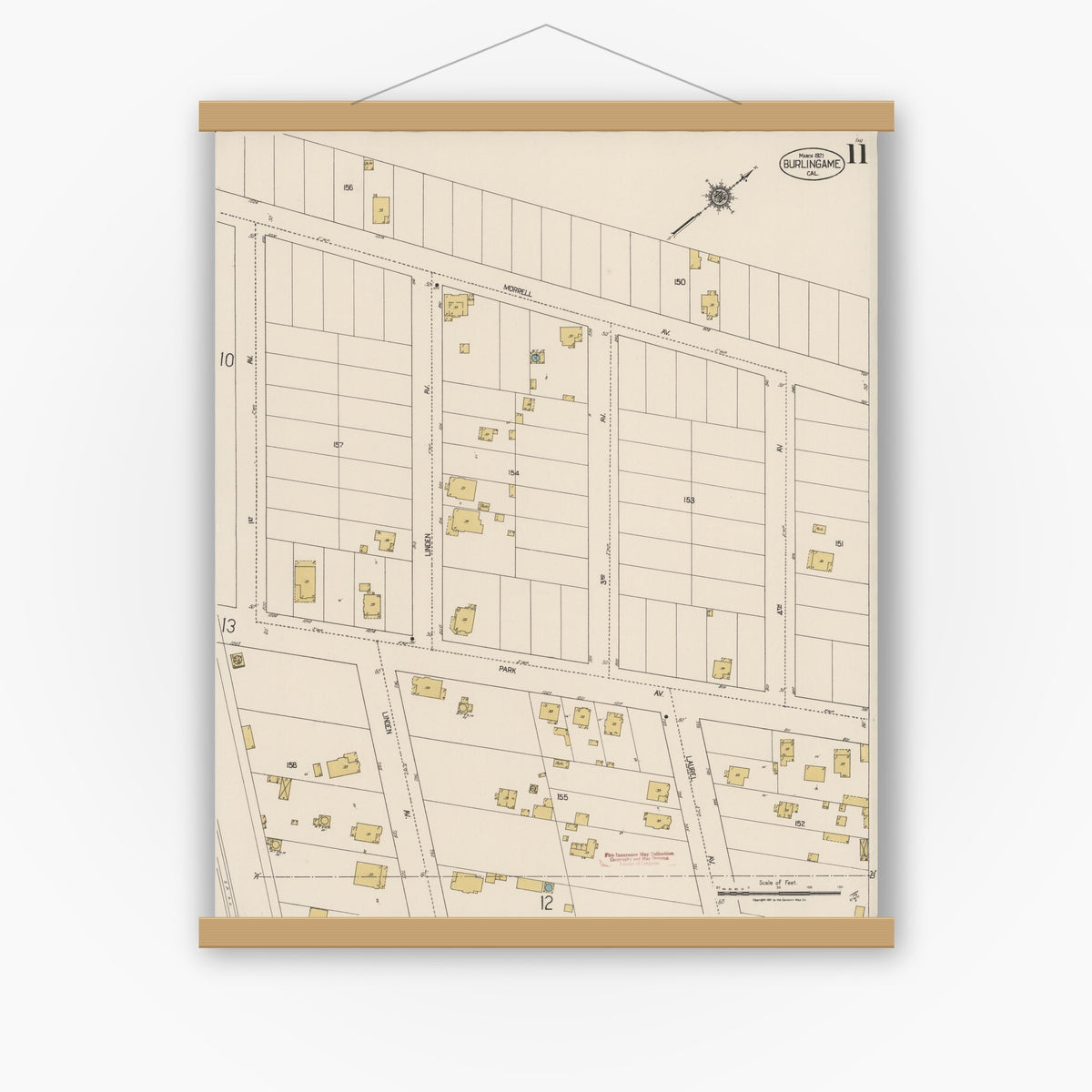 Old map wall art mockup — magnetic wood frame on white wall — Sanborn Fire Insurance Map from Burlingame, San Mateo County, California (1921), Sheet #0011