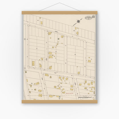 Old map wall art mockup — magnetic wood frame on white wall — Sanborn Fire Insurance Map from Burlingame, San Mateo County, California (1921), Sheet #0011