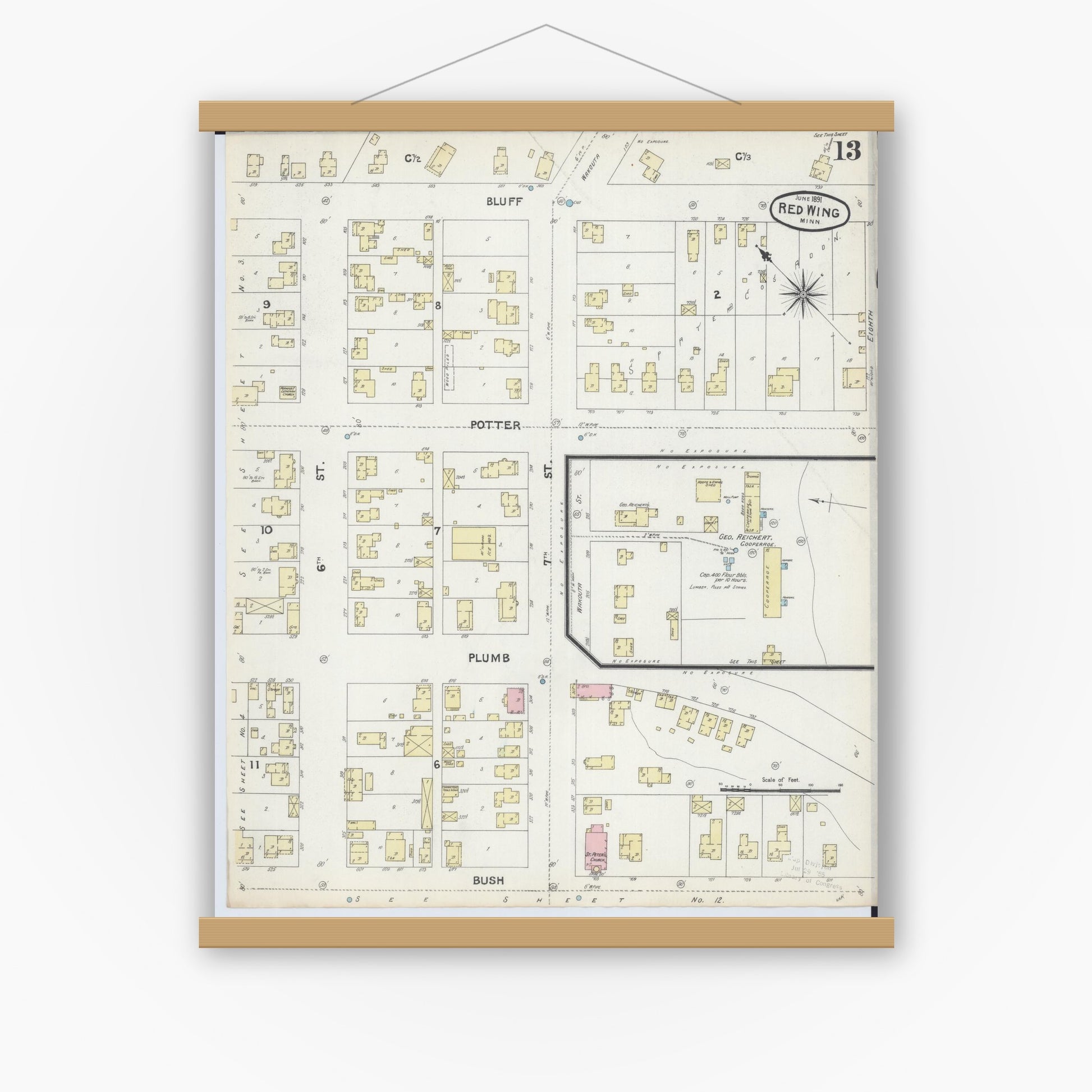 Old map wall art mockup — magnetic wood frame on white wall — Sanborn Fire Insurance Map from Red Wing, Goodhue County, Minnesota (1891), Sheet #0013