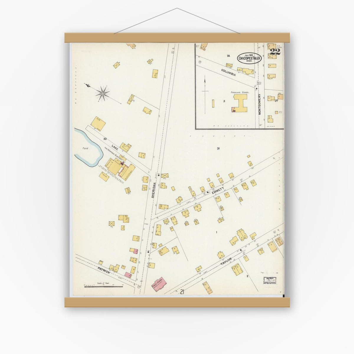 Old map wall art mockup — magnetic wood frame on white wall — Sanborn Fire Insurance Map from Chicopee, Hampden County, Massachusetts (1902), Sheet #0022